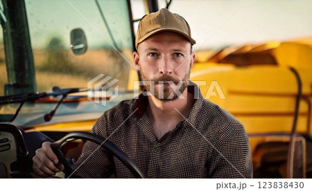 Combine harvester driver working in a rural field during golden hour 123838430