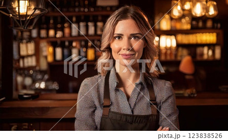 Pub worker stands confidently behind the bar in a cozy establishment during evening hours 123838526