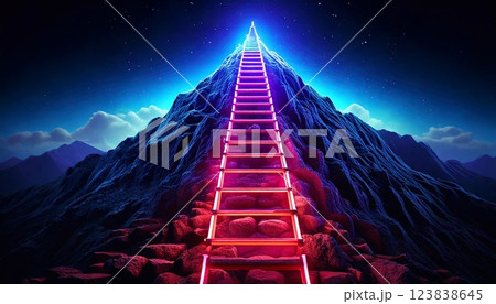 Ladder leading to summit of neon mountain illuminated at night 123838645