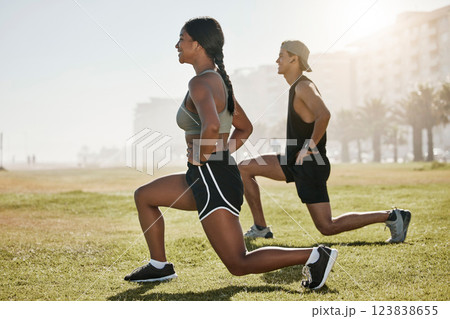 Fitness couple, outdoor lunge exercise and training workout on grass field in urban city. Happy woman, healthy man and people friends leg stretching body in wellness, summer challenge and motivation 123838655