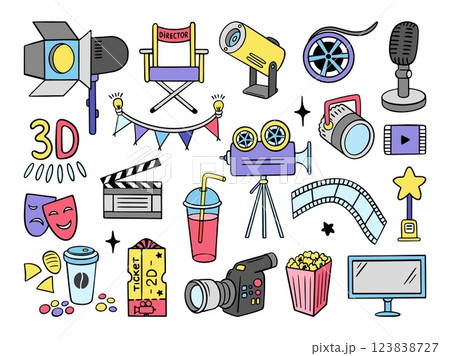Movie icons. Doodle style cinema symbols, film tape, cameras, clapperboard, director chair, ticket. Hand drawn entertainment neoteric vector elements 123838727