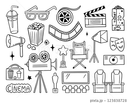 Doodle cinema elements. Movie film tape, popcorn basket, clapperboard. Shooting process sketch, theater entertainment symbols neoteric vector set 123838728
