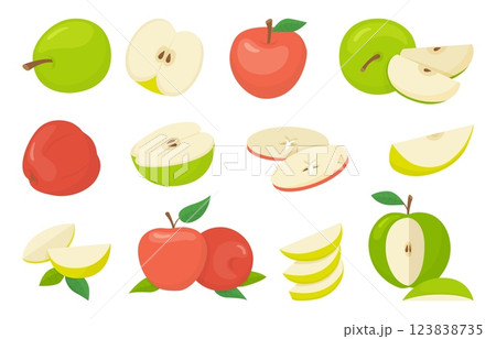 Isolated cartoon apples. Fruit apple green and red, cut half and slices. Raw fresh organic ingredients for pie or jam, vegan vitamin food. Neoteric vector clipart Isolated cartoon apples. Fruit apple green and red, cut half and slices. Raw fresh organic ingredients for pie or jam, vegan vitamin food. Neoteric vector clipart 123838735