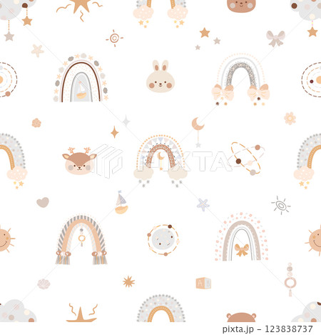 Boho rainbow seamless pattern. Nursery print design with animal faces, planets, rainbows. Decorative fabric, wallpaper template, nowaday vector background Boho rainbow seamless pattern. Nursery print design with animal faces, planets, rainbows. Decorative fabric, wallpaper template, nowaday vector background 123838737