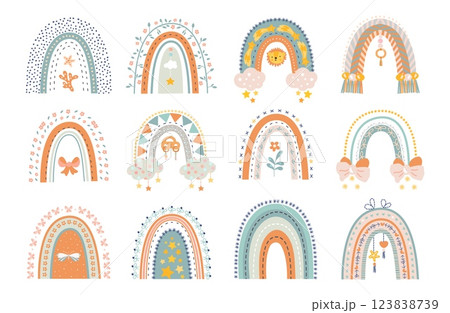 Baby doodle rainbows. Boho style rainbow, scandinavian nursery elements. Clouds, bows and stars, newborn mobile. Stickers nowaday vector design Baby doodle rainbows. Boho style rainbow, scandinavian nursery elements. Clouds, bows and stars, newborn mobile. Stickers nowaday vector design 123838739
