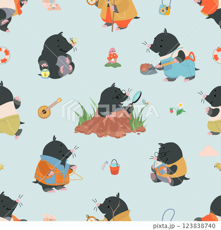 Cartoon moles seamless pattern. Funny rodents, mole play music and walk. Fabric, wrapping, wallpaper print design. Children mascots nowaday vector background Cartoon moles seamless pattern. Funny rodents, mole play music and walk. Fabric, wrapping, wallpaper print design. Children mascots nowaday vector background 123838740