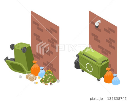 Public garbage with and without video surveillance. Overturned trash can, bags with waste, organic plastic paper. Dirty vs clean street, vector isometric concept Public garbage with and without video surveillance. Overturned trash can, bags with waste, organic plastic paper. Dirty vs clean street, vector isometric concept 123838745