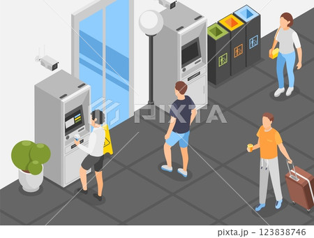 People on street isometric concept. Urban city walkside with atm, garbage cans, ctv cameras. Bank building, people with coffee and baggage, vector scene People on street isometric concept. Urban city walkside with atm, garbage cans, ctv cameras. Bank building, people with coffee and baggage, vector scene 123838746