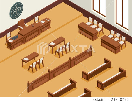 Isometric court interior. Courtroom, place for judge, jury, spectators, lawyers, prosecutor. Administrative building inside, benches and tables, vector scene 123838750