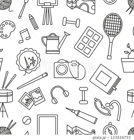 Hobby elements seamless pattern. Line photo camera, book, paints and brush, headphones and sport equipment. Fabric print template, vector background Hobby elements seamless pattern. Line photo camera, book, paints and brush, headphones and sport equipment. Fabric print template, vector background 123838755