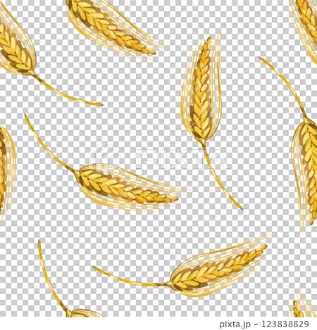Seamless watercolor pattern. Ripe ears of wheat, yellow color, hand-drawn with watercolors. Watercolor illustration. Suitable for printing on fabric, paper, for stationery and food packaging. 123838829
