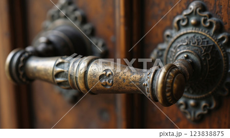 Detailed vintage door handle with floral patterns Detailed vintage door handle with floral patterns 123838875