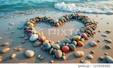 Colorful stones arranged in a heart shape on a beach 123838880