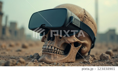Skull with VR headset on a desert ground Skull with VR headset on a desert ground 123838901