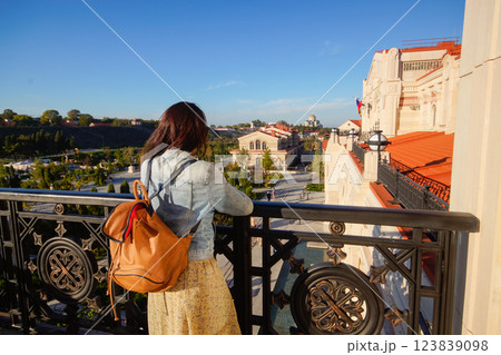Crimea, Sevastopol. Museum and temple complex New Chersonesos. A woman walks in the new park of Chersonesus. Crimea, Sevastopol. Museum and temple complex New Chersonesos. A woman walks in the new park of Chersonesus. 123839098