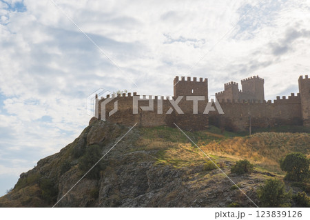 Sudak fortress. Crimea - October 09, 2024 - Old Genoese fortress in the city of Sudak in summer. Ancient architecture of Crimea. 123839126