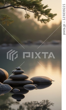 Balanced stone pyramid on shore of blue water of ocean. Blue sky in water level mirror. Poor lighting conditions. 123839221