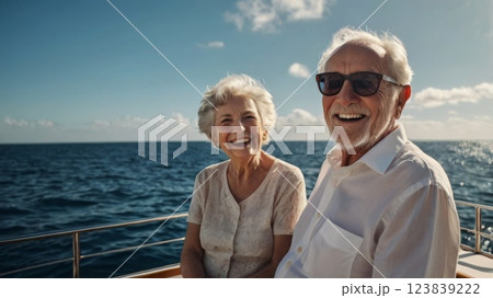 Happy elderly couple enjoying a holiday on a boat at sea. 123839222