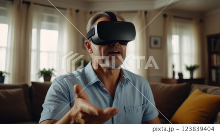Adult man wearing VR virtual reality glasses playing on the sofa in the room 123839404