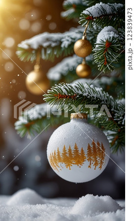Christmas background. Golden New Year's ball on a Christmas tree branch in the winter forest 123839473