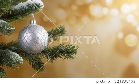 Christmas background. Silver New Year's ball on a Christmas tree branch against a background of golden bokeh 123839475