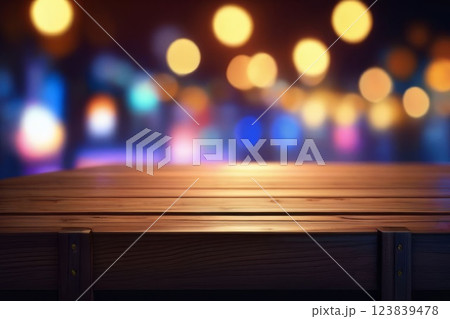 Empty wooden table in front of blurred cafe bar or restaurant. Abstract lights bokeh background, front view, free space for your product 123839478