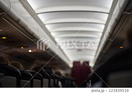 Economy class interior, airplane cabin. The passengers are sitting in their seats. Passage on the plane. Transport safety. High quality photo 123839510