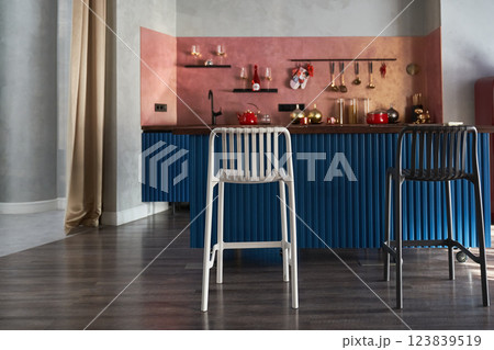 Beautiful kitchens in blue tones, interior design and home improvement, classic kitchen cabinets, countertops with bar stools. There is a place to copy. High quality photo Beautiful kitchens in blue tones, interior design and home improvement, classic kitchen cabinets, countertops with bar stools. There is a place to copy. High quality photo 123839519