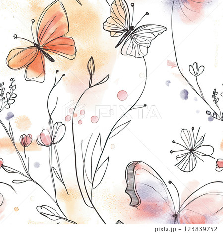 Delicate floral and butterfly pattern with watercolor accents for creative background design Delicate floral and butterfly pattern with watercolor accents for creative background design 123839752