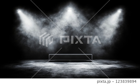 Empty stage with dramatic lighting and fog prepared for performance Empty stage with dramatic lighting and fog prepared for performance 123839894