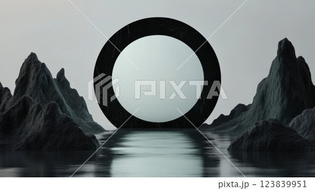 Modern circular mirror in surreal mountain landscape at twilight 123839951