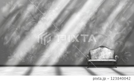 Elegant vintage sofa against a patterned wall with sunlight streaming 123840042