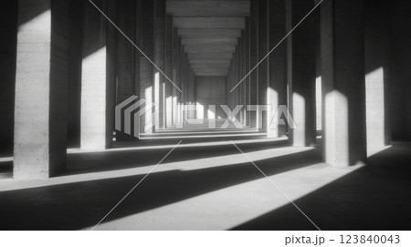 Architectural design showcasing empty corridor with concrete pillars 123840043