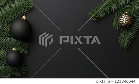 Black and gold holiday decorations with evergreen branches 123840044