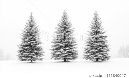 Snow covered evergreen trees in a winter landscape 123840047
