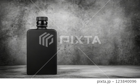 Black bottle on a textured gray background in a minimalist setting 123840096