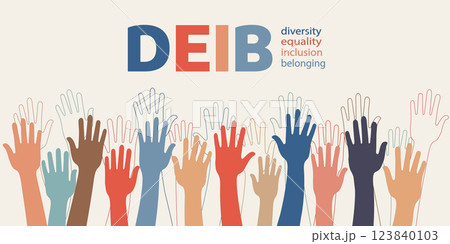 A poster with a hand reaching up with the words DEIB on it. The poster is about diversity equality inclusion and belonging A poster with a hand reaching up with the words DEIB on it. The poster is about diversity equality inclusion and belonging 123840103