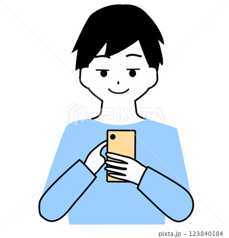 ニヤニヤしながらスマホを操作する男の子のイラスト 123840184