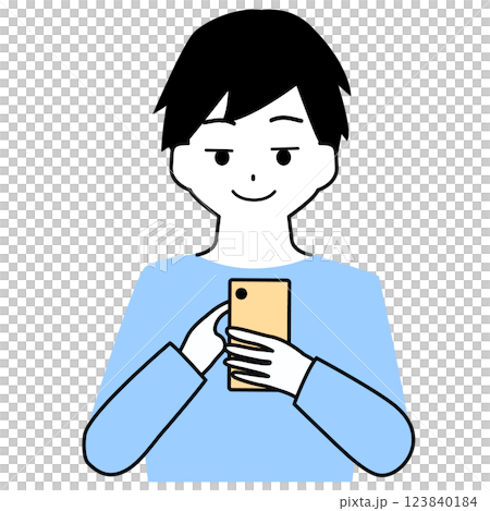ニヤニヤしながらスマホを操作する男の子のイラスト 123840184