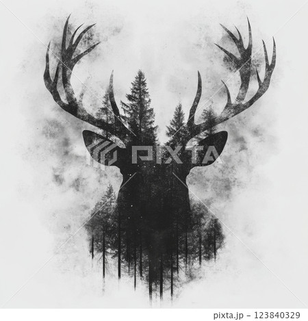 Stag silhouette with trees and fog in artistic design 123840329