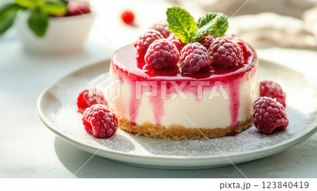 Raspberry Cheesecake with Sauce and Fresh Berries on a White Plate 123840419