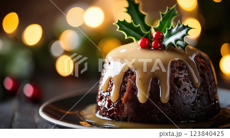 Traditional Christmas Pudding with Sauce and Holly Decoration 123840425