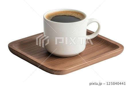 White Coffee Mug with Black Coffee on a Wooden Tray 123840441