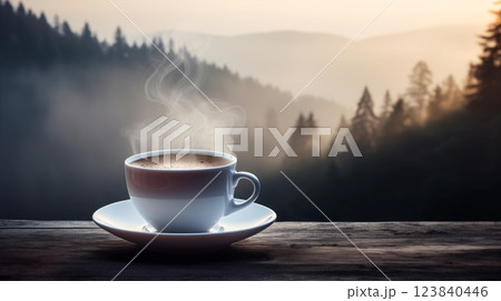 Steaming Cup of Coffee with a Misty Mountain View 123840446