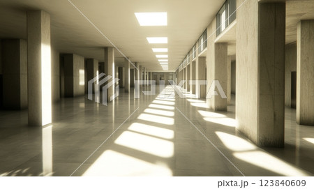 Modern interior space with natural light and concrete pillars Modern interior space with natural light and concrete pillars 123840609