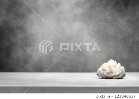 Elegant white mineral on gray background in minimalist setting 123840617