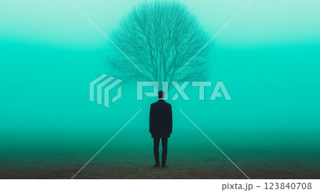 Person in suit contemplating lone tree in ethereal teal mist 123840708
