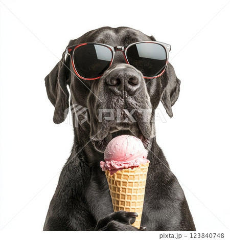 Black dog wearing sunglasses enjoys ice cream cone in a playful and amusing setting on a bright background Black dog wearing sunglasses enjoys ice cream cone in a playful and amusing setting on a bright background 123840748