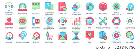Customer icon set in flat color icons web design. Pack pictograms with experience, feedback, question, complaint, conflict resolution, satisfied, unsatisfied, assistance, other. Vector illustration. Customer icon set in flat color icons web design. Pack pictograms with experience, feedback, question, complaint, conflict resolution, satisfied, unsatisfied, assistance, other. Vector illustration. 123840786