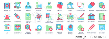 Medical icon set in flat color icons web design. Pack pictograms with healthcare, doctor, hospital, patient, clinic, stethoscope, medicine, health, insurance, emergency, other. Vector illustration. Medical icon set in flat color icons web design. Pack pictograms with healthcare, doctor, hospital, patient, clinic, stethoscope, medicine, health, insurance, emergency, other. Vector illustration. 123840787